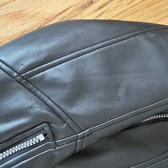 Black Aviator Leather Fur Trim Coat - Picture 6 of 7